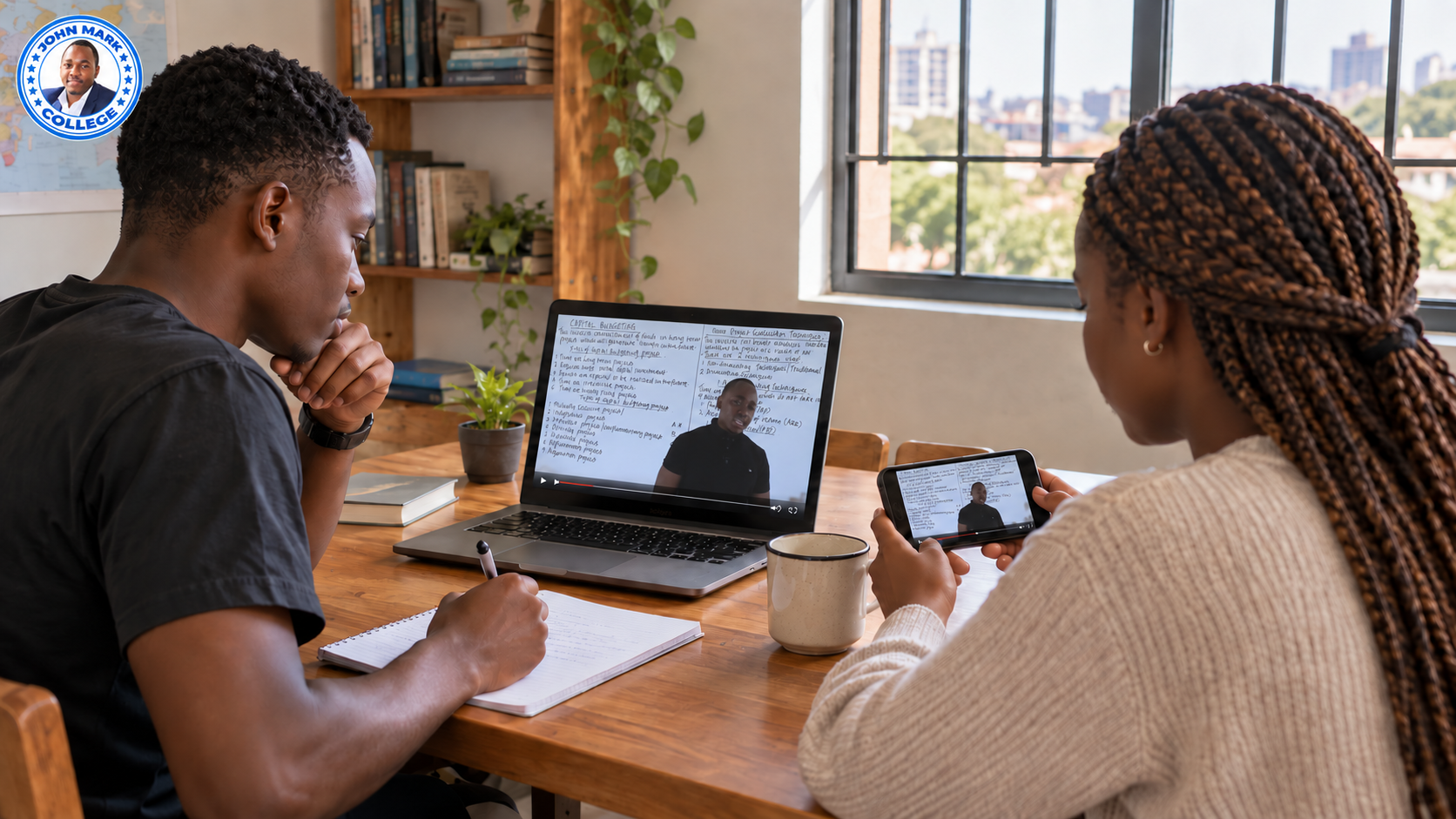 Two students watching a JohnMark College accounting video lecture on a laptop and phone.